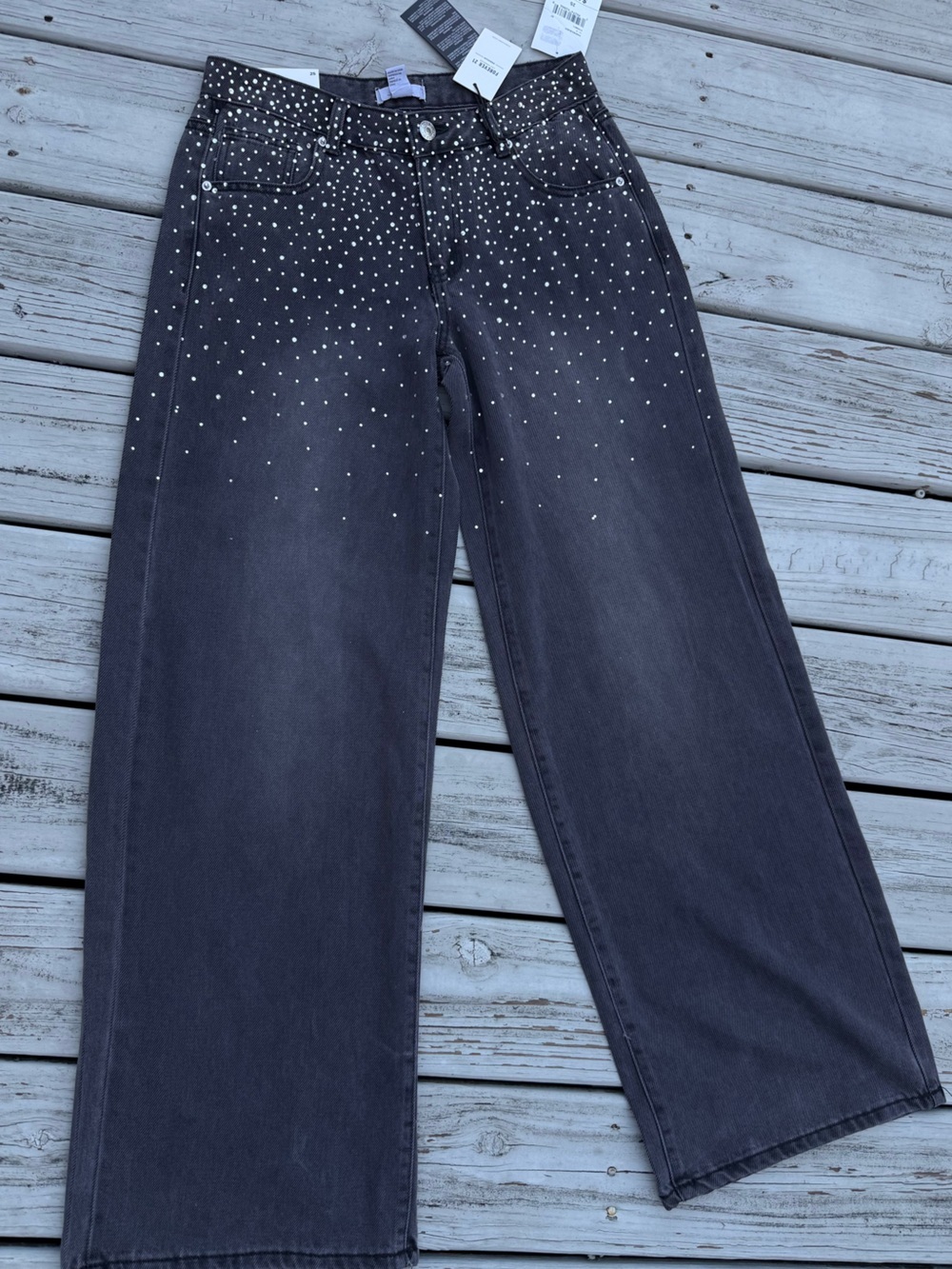Forever 21 Black Rhinestone-Embellished Wide Leg Jeans Sz 25 - Picture 3 of 7